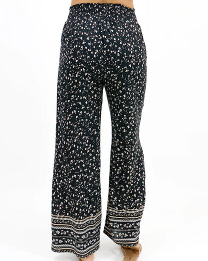 Floral Print Black Wide Leg Pants