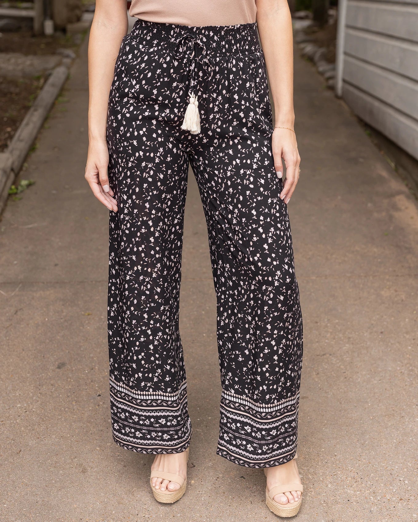 Floral Print Black Wide Leg Pants