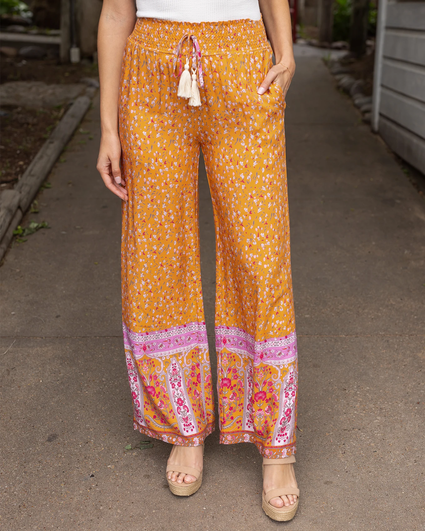 Floral Print Mustard Wide Leg Pants