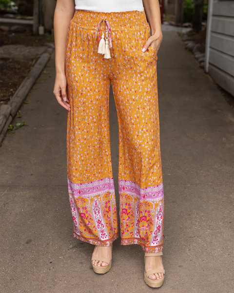 Floral Print Mustard Wide Leg Pants - Grace and Lace