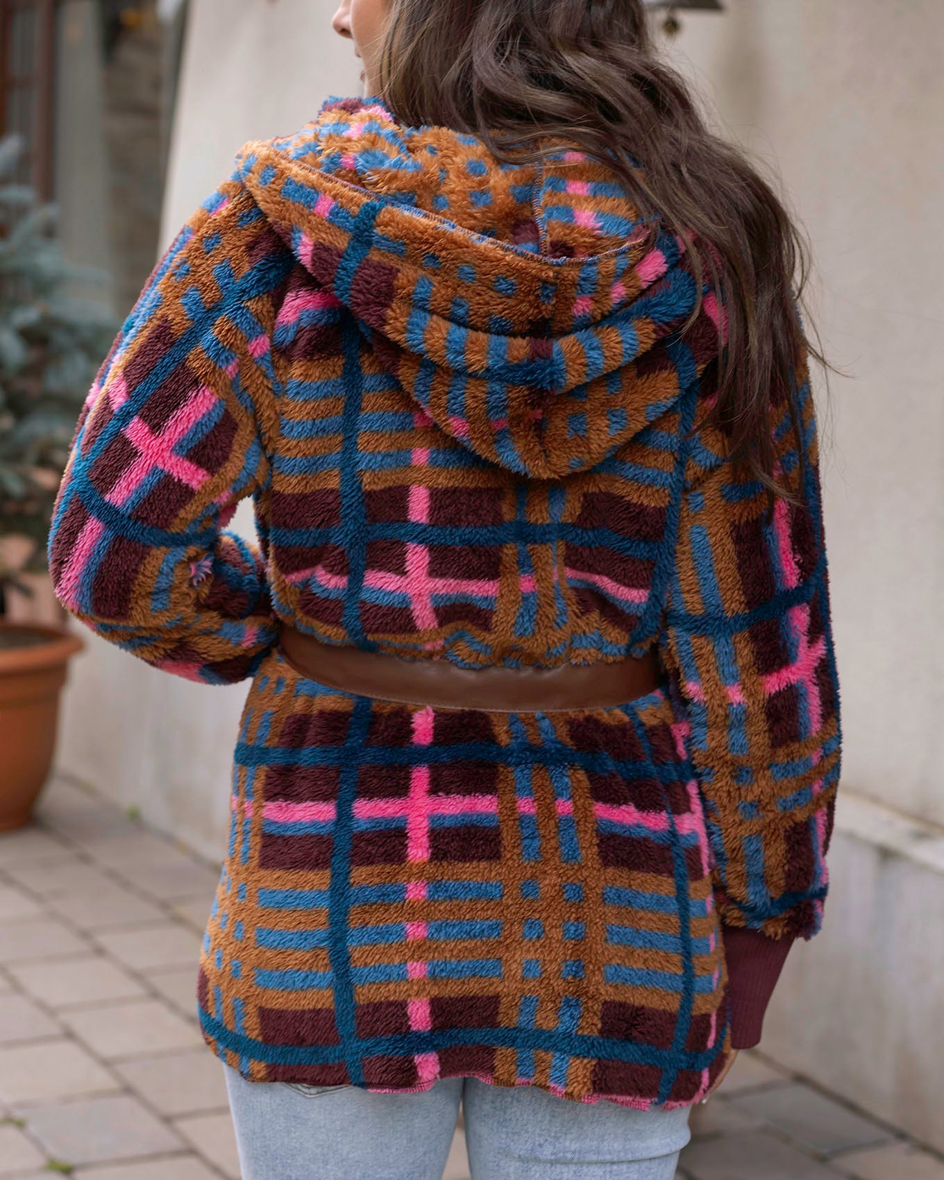 back view of fleece jewel plaid wrap jacket
