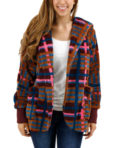 open view of fleece jewel plaid wrap jacket