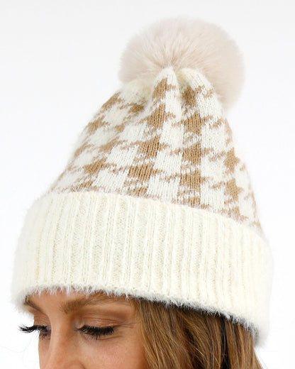 close up view of houndstooth beanie