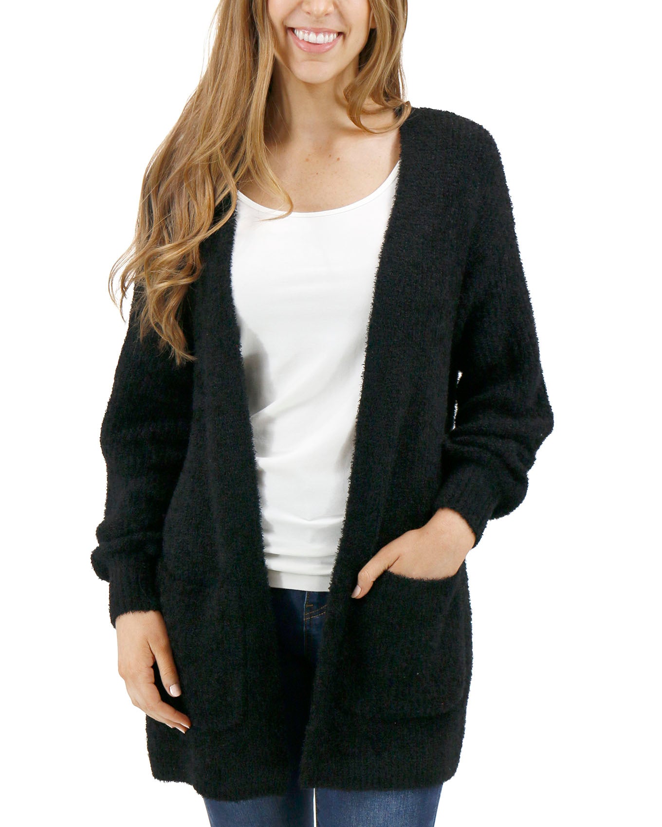Front view stock shot of Black Knit Fuzzy Cardigan