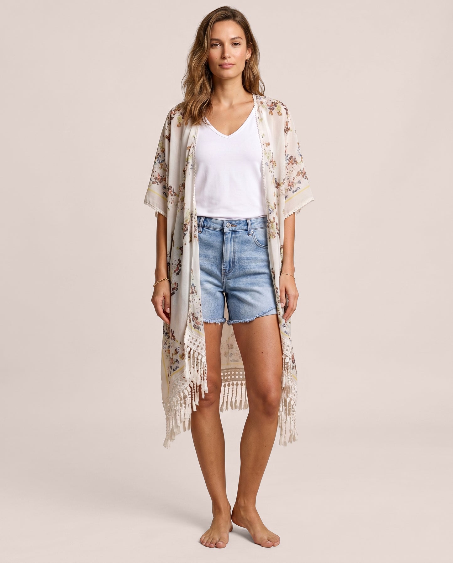Boho Bloom Fringe Kimono on model with tank and denim shorts