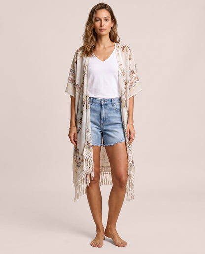 Boho Bloom Fringe Kimono on model with tank and denim shorts