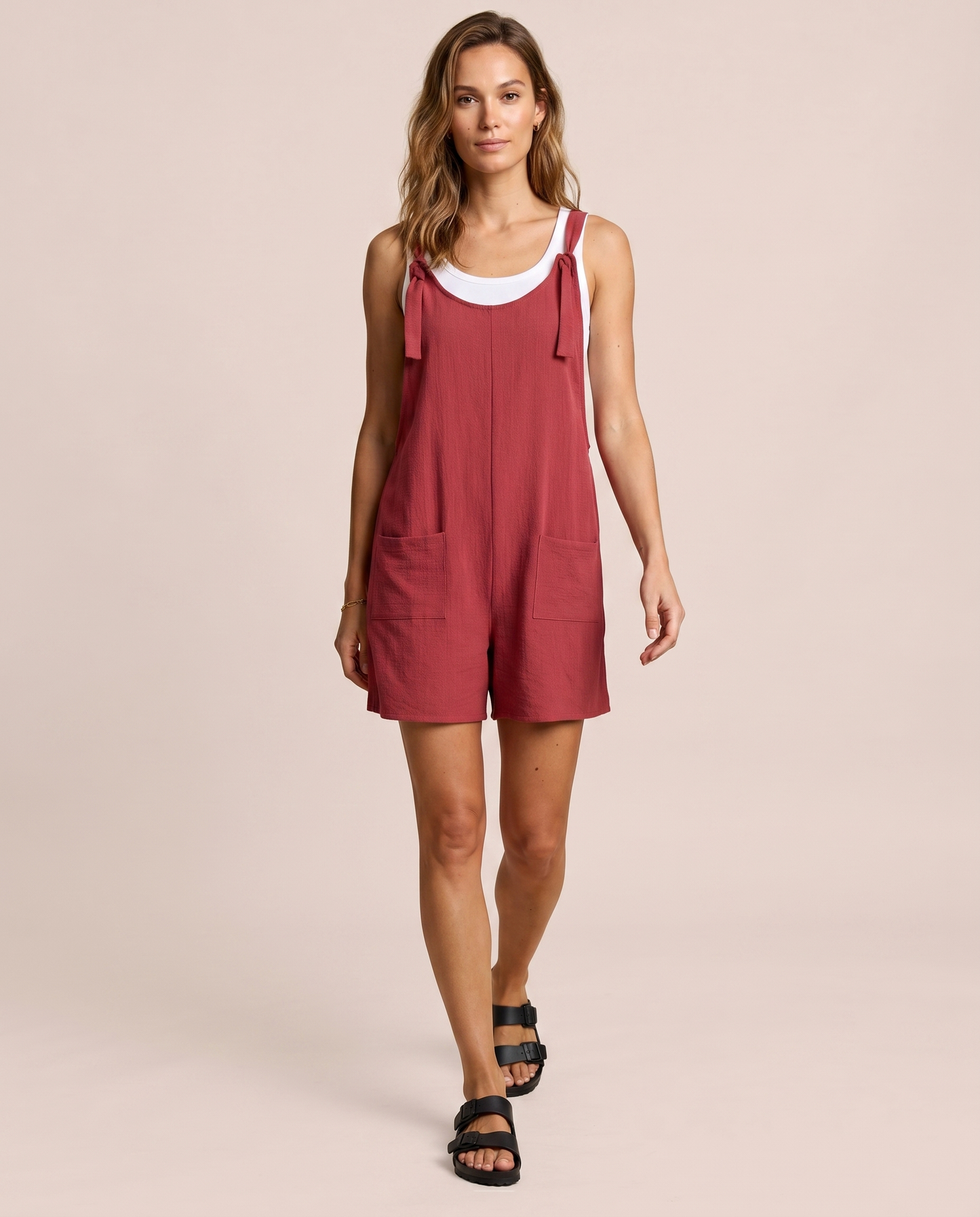 Woman wearing the Easy Breezy Hibiscus Romper