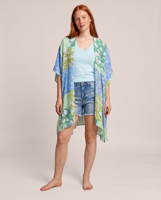 Getaway Patchwork Kimono on model with shorts and tank