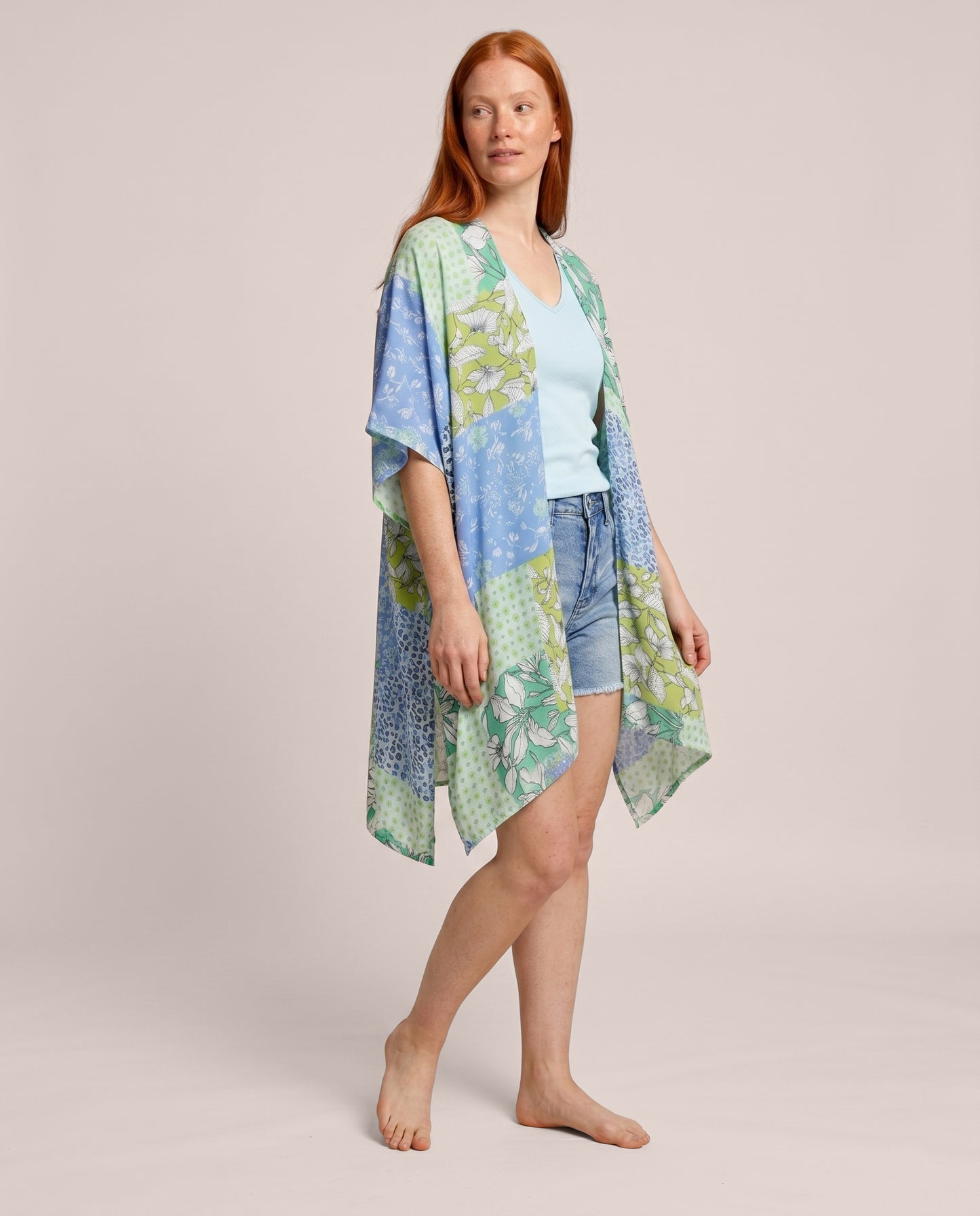 Getaway Patchwork Kimono side view on model with red hair