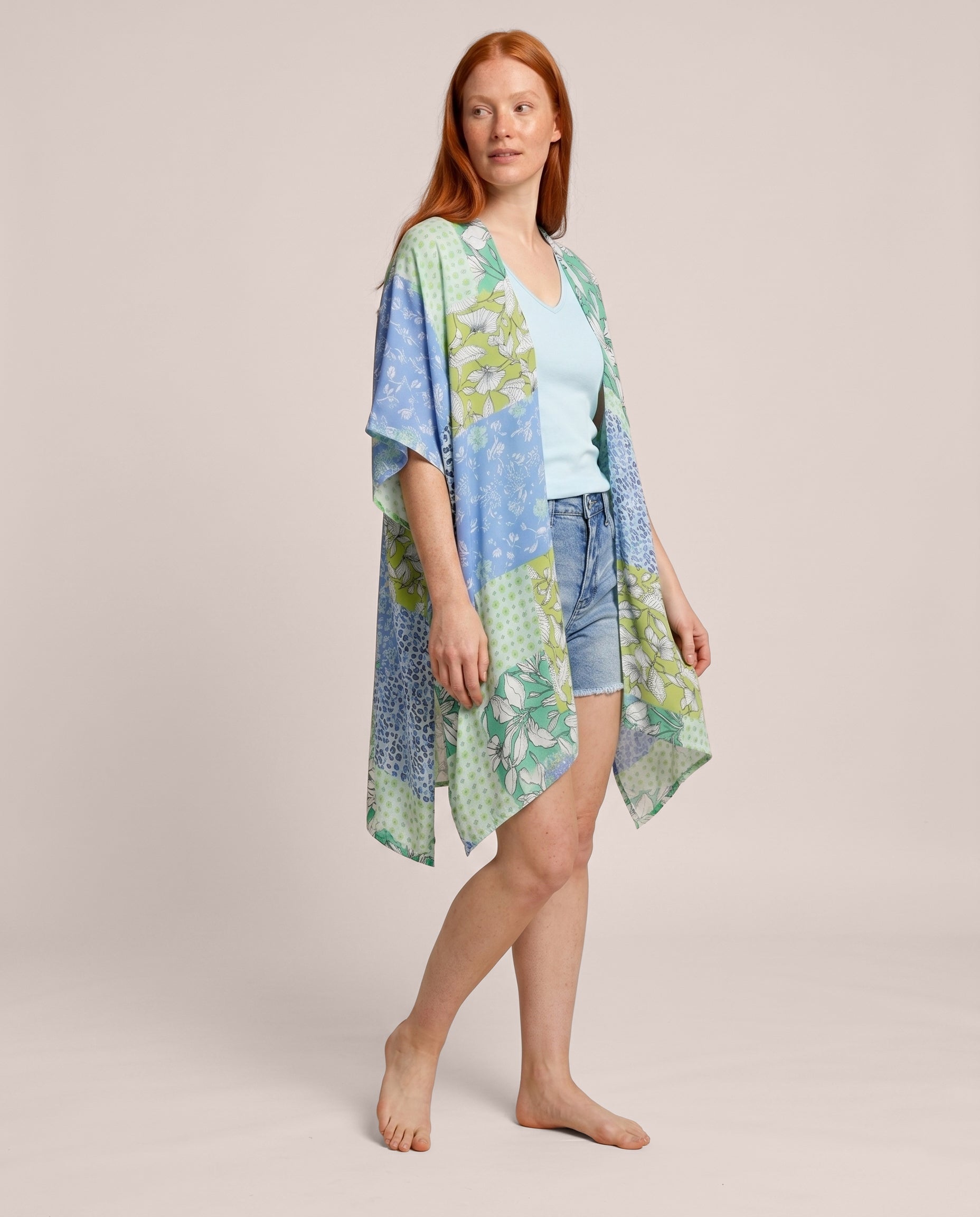 Getaway Patchwork Kimono | Lightweight Blue & Green Layer