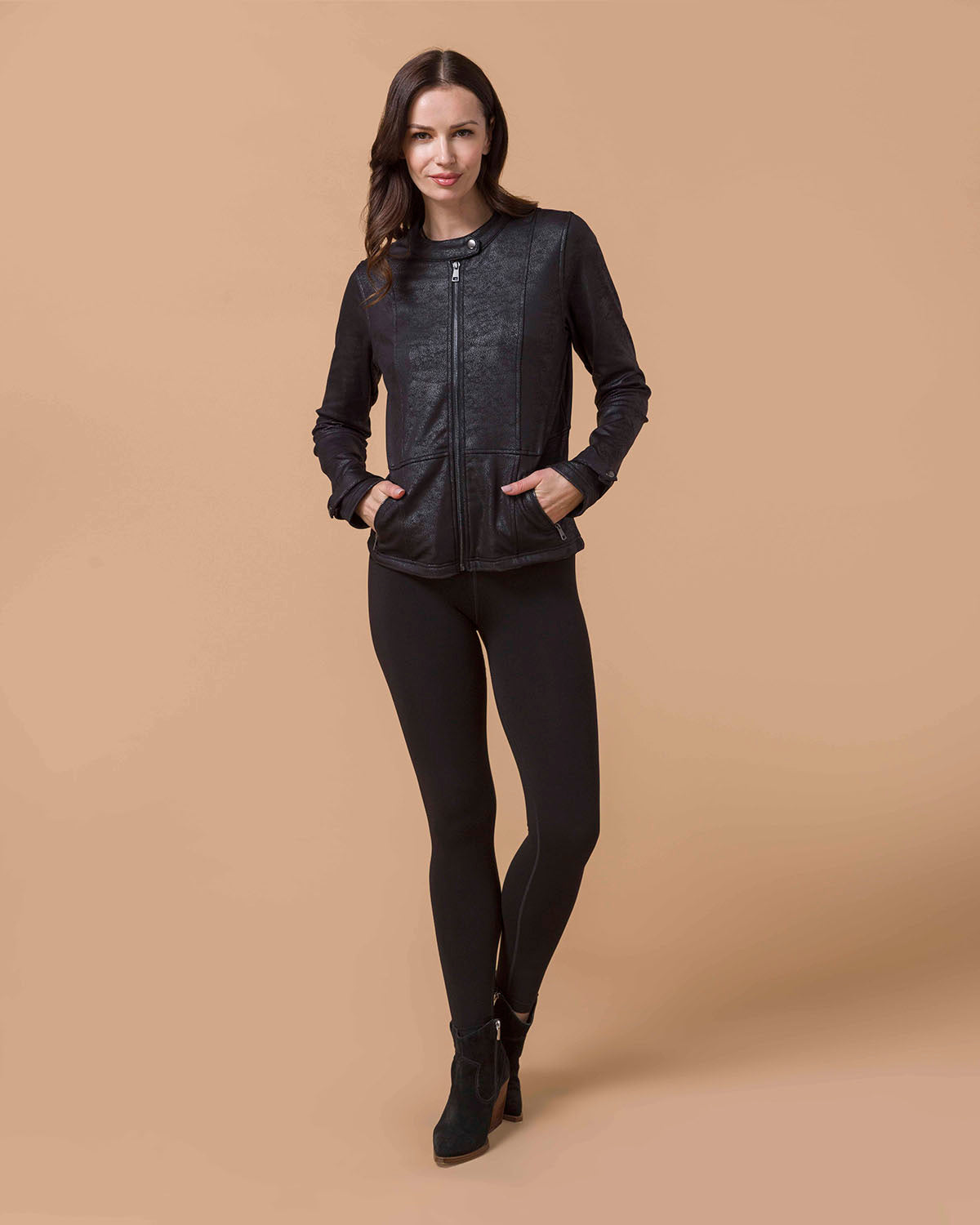 front view of black leather like cafe racer jacket zipped up