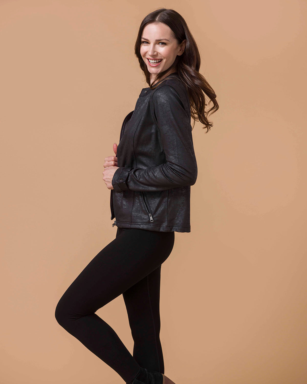 side view of black leather like cafe racer jacket