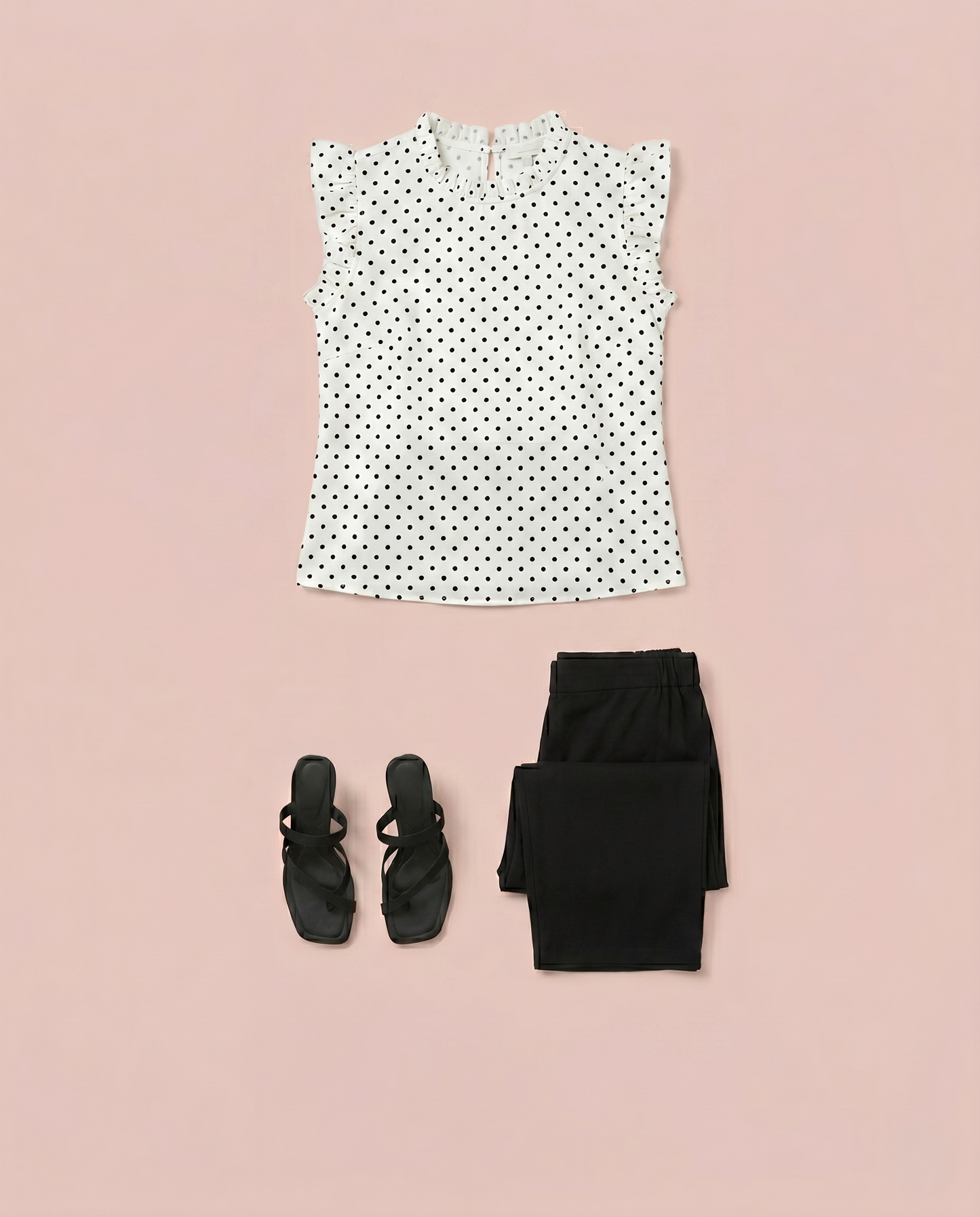 White blouse with black polka dots styled with black pants and black ankle boots on a beige background