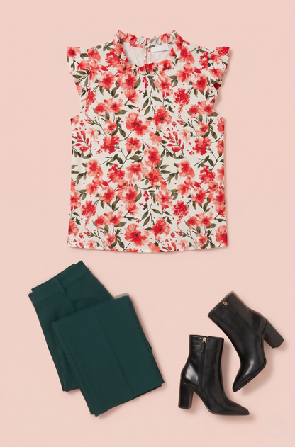 Red floral sleeveless blouse styled with dark green pants and black ankle boots on a beige background