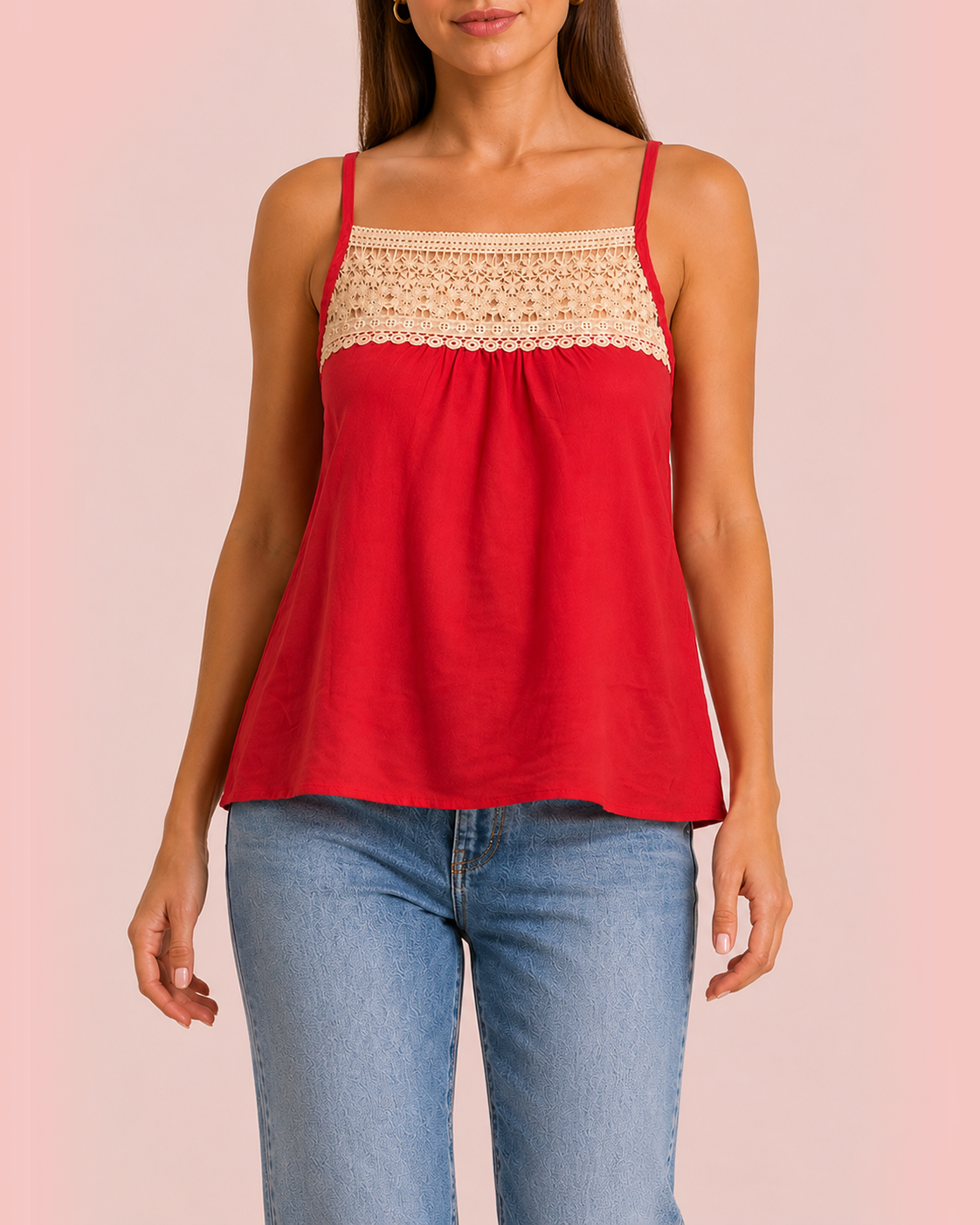 Effortless Lace Trim Tank in Coral Close up of top