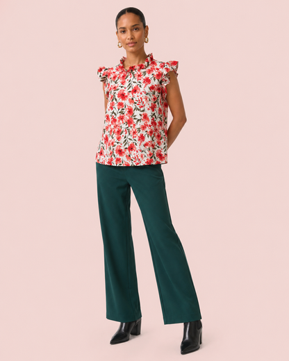 Effortless Ruffle Sleeve Top in Red Floral with Green Dress Pants