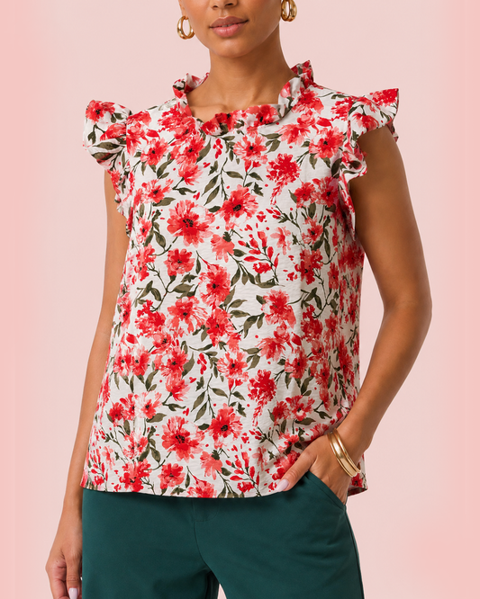 Effortless Ruffle Sleeve Top in Red Floral with Green Dress Pants