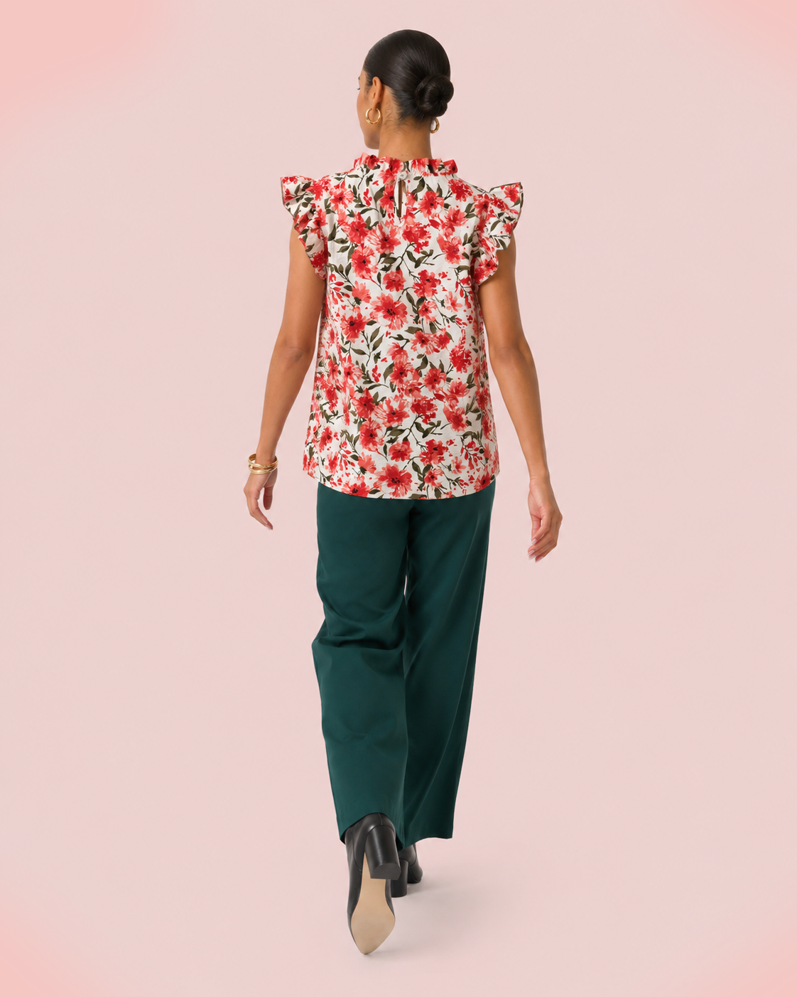 Effortless Ruffle Sleeve Top in Red Floral back view of top