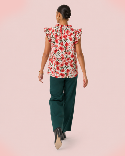 Effortless Ruffle Sleeve Top in Red Floral back view of top