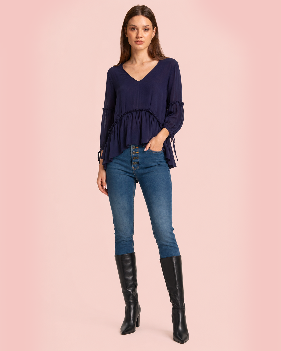 Soft Romance Peplum Blouse on Model with Jeans and black boots