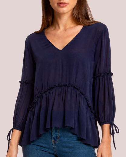 Soft Romance Peplum Blouse in Navy up close shot