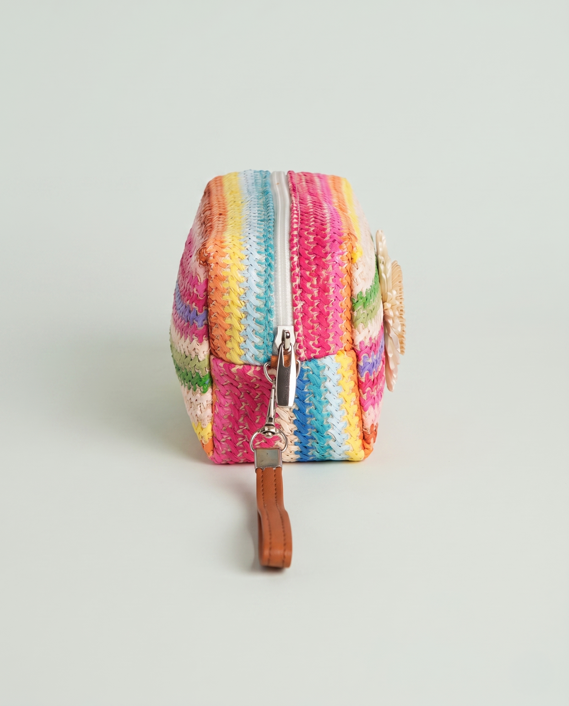 Daisy Striped Summer Wristlet in Pink side profile with wrist strap attachment