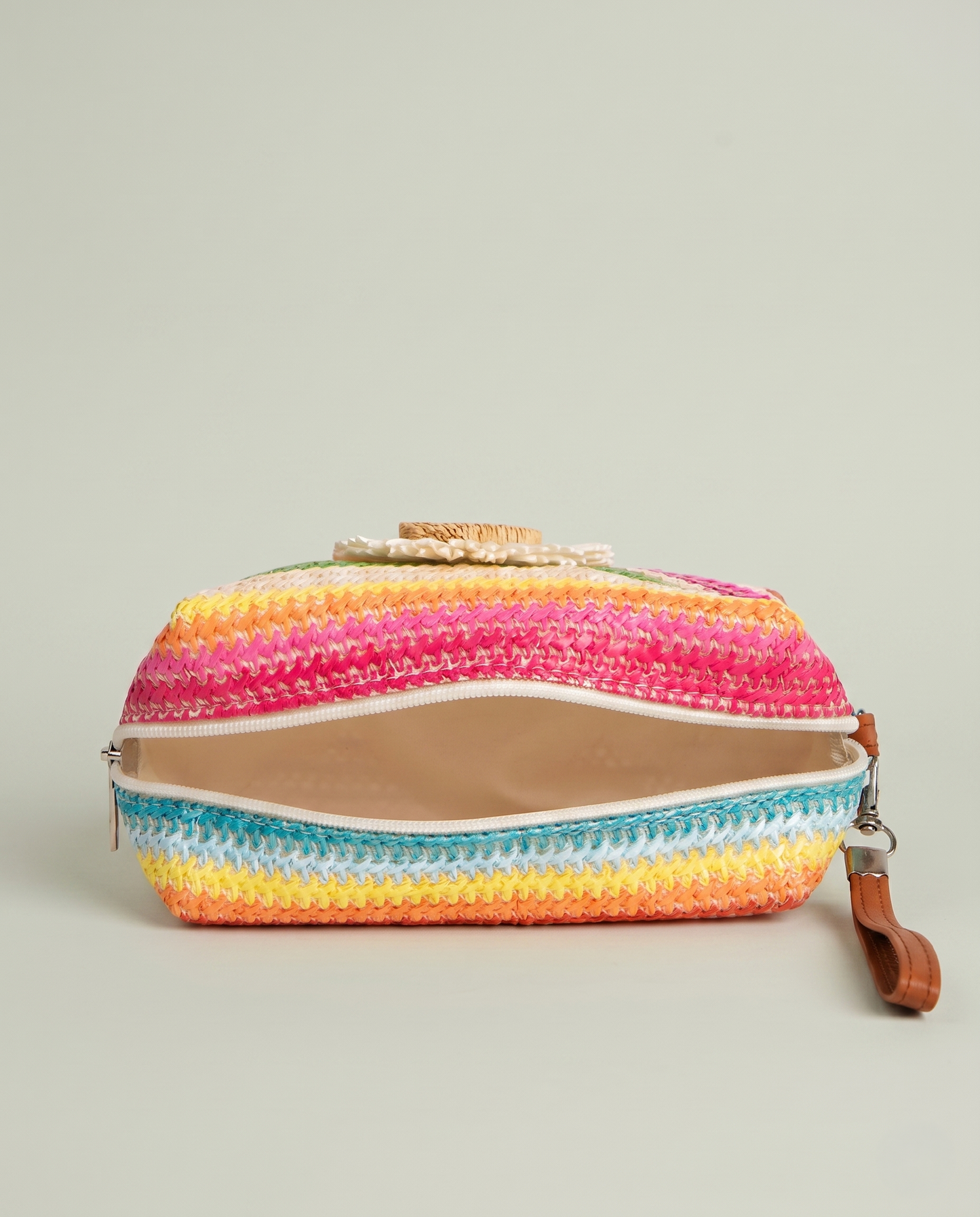 Daisy Striped Summer Wristlet in Pink open top view with zipper closure