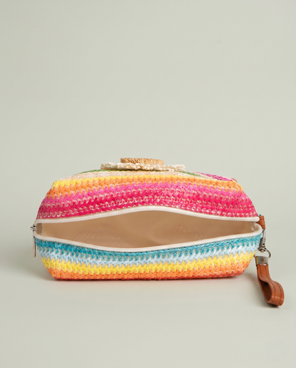 Daisy Striped Summer Wristlet in Pink open top view with zipper closure