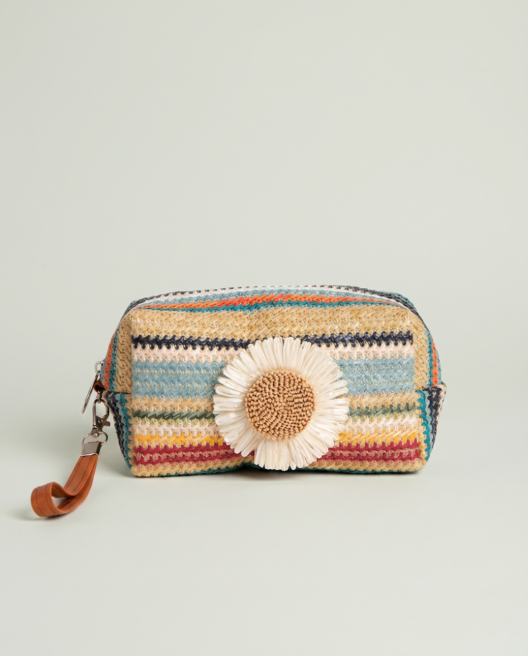 Front view of Daisy Striped Summer Wristlet in Blue with daisy embellishment