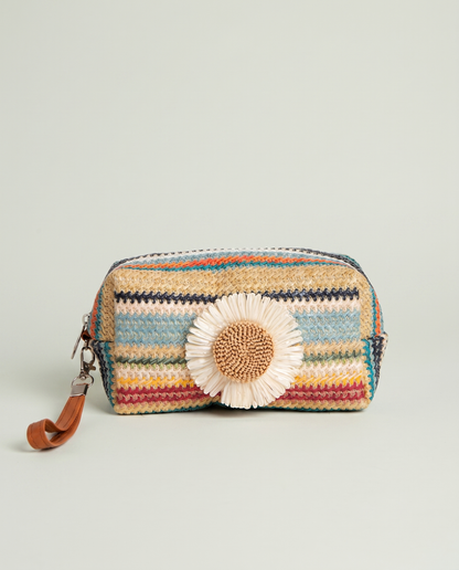 Front view of Daisy Striped Summer Wristlet in Blue with daisy embellishment