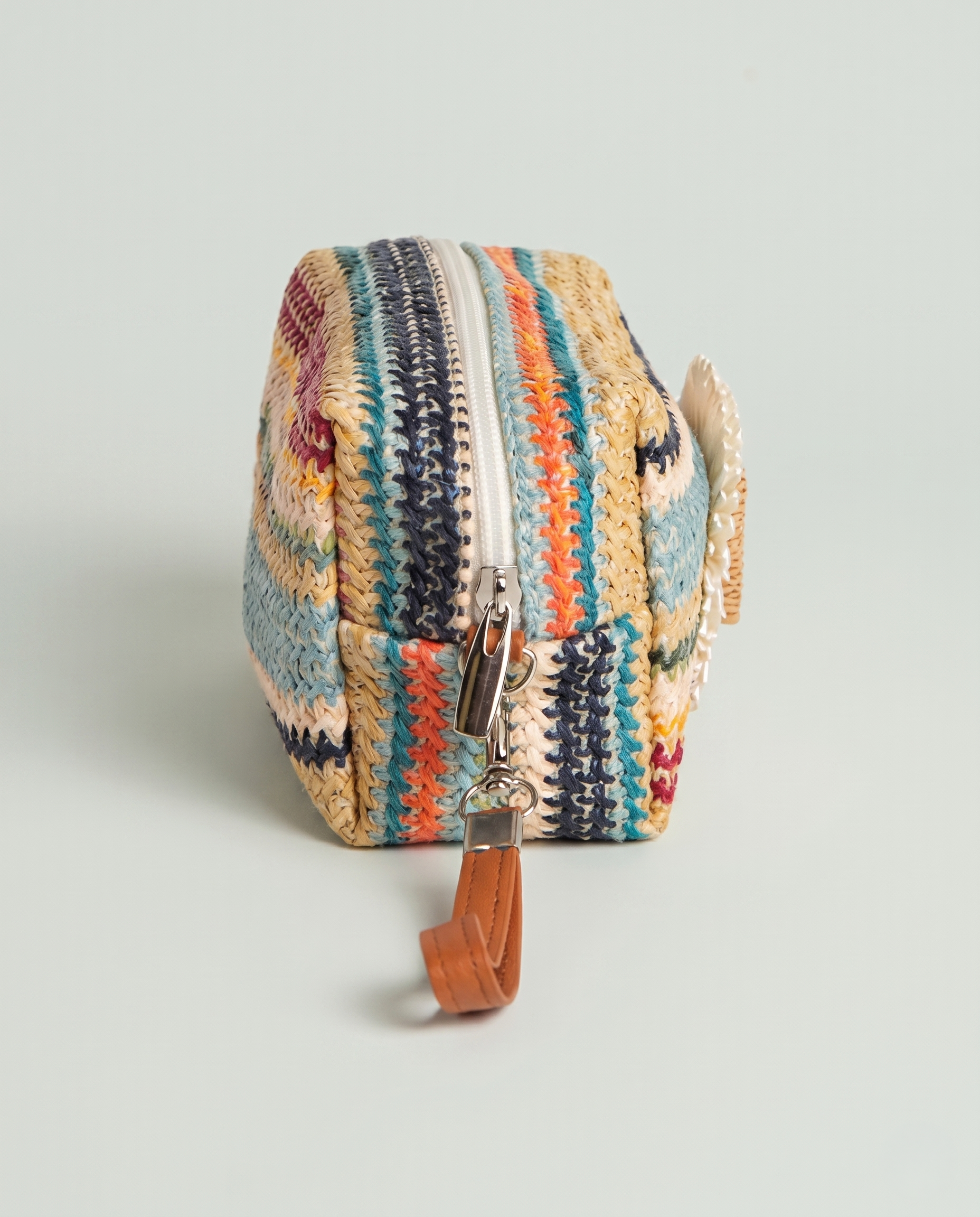 Daisy Striped Summer Wristlet in Blue side profile with wrist strap attachment