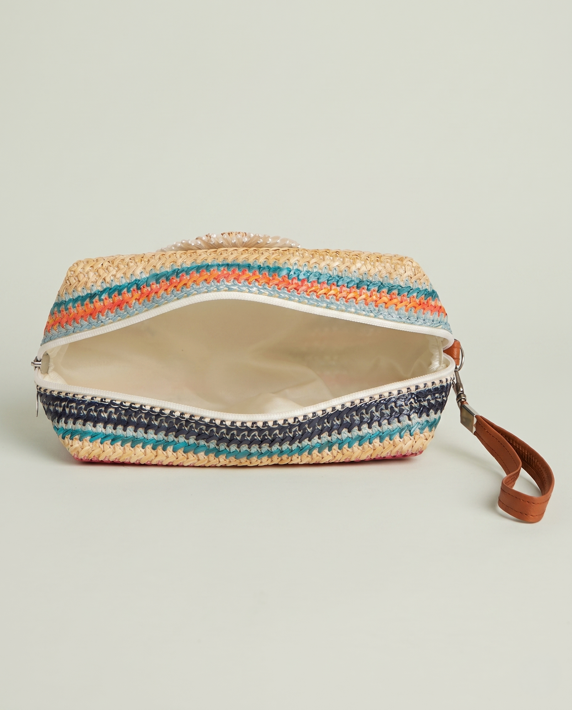 Daisy Striped Summer Wristlet in Blue open top view with zipper closure