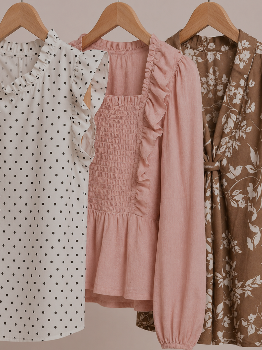 Three dresses hanging on wooden hangers against a neutral background