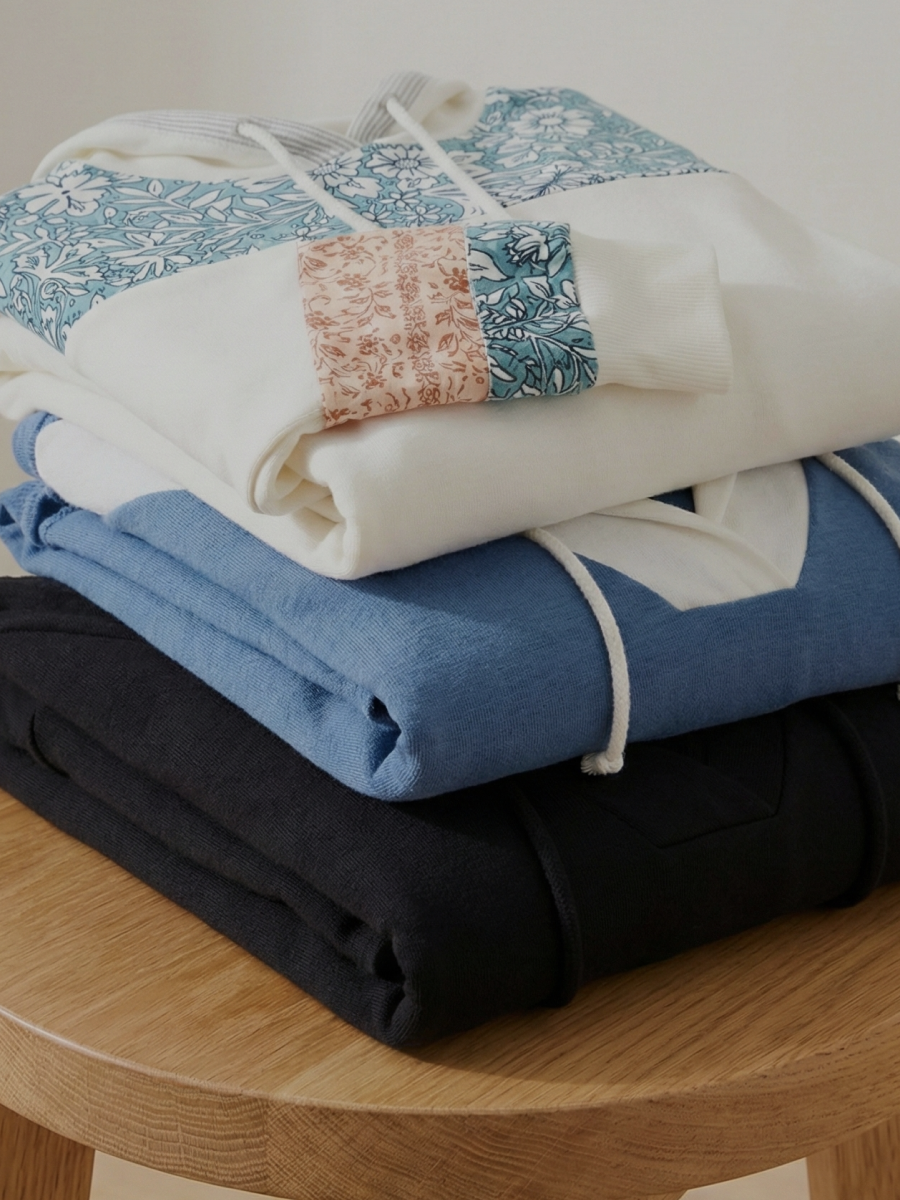 Hoodies stacked up on a table