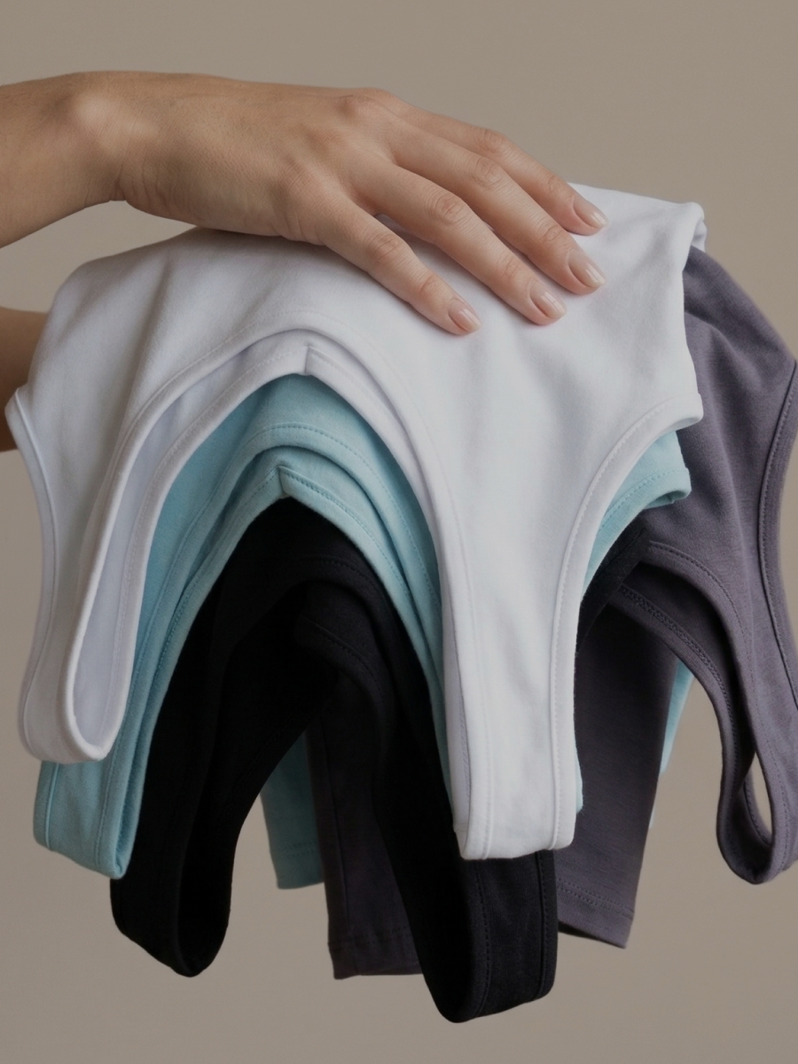 Stack of folded shirts held by a hand against a neutral background