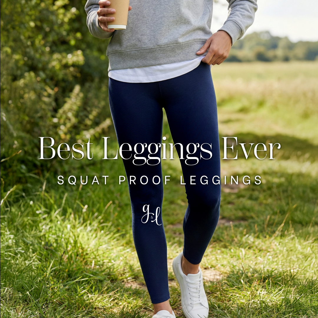 Person wearing navy leggings outdoors with text 'Best Leggings Ever' and 'Squat Proof Leggings'.