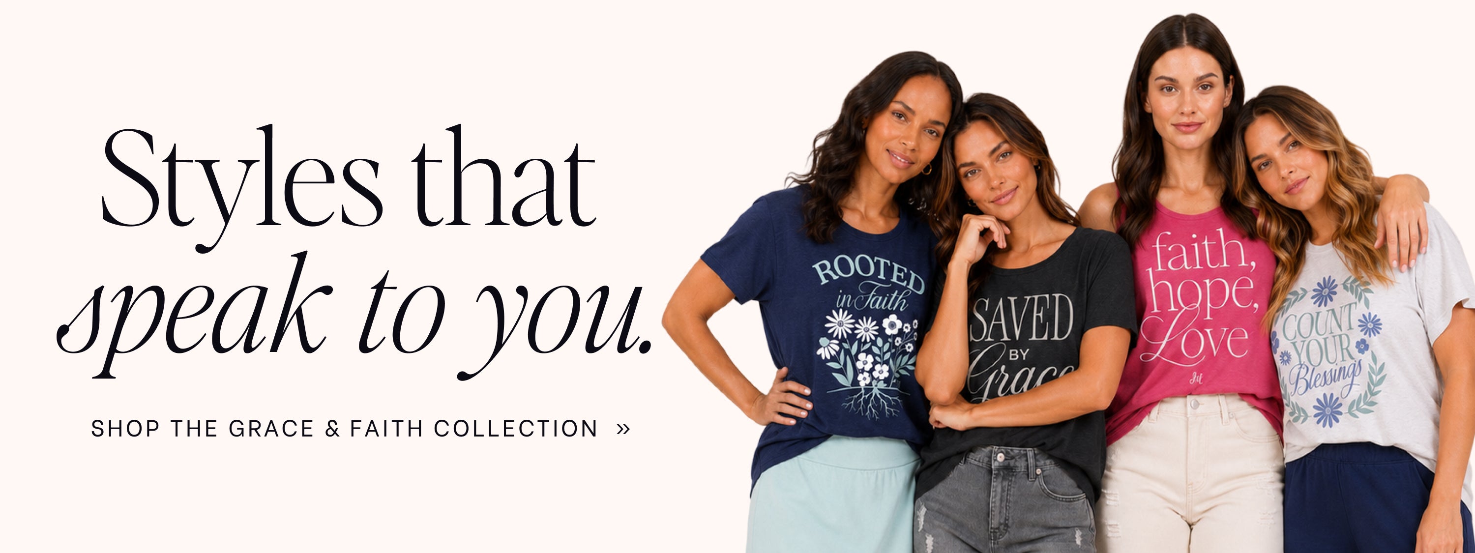 Four women wearing t-shirts with faith-themed designs on a white background.