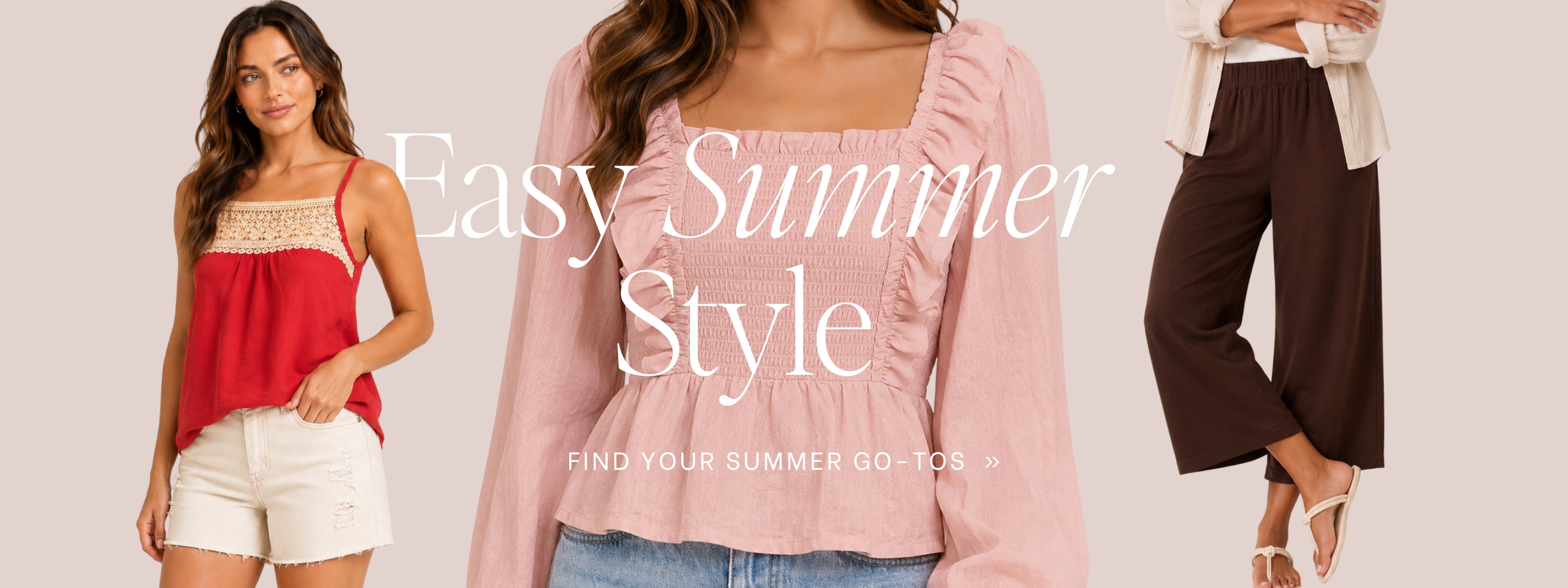Three women in summer outfits with text 'Easy Summer Style' on a light pink background.