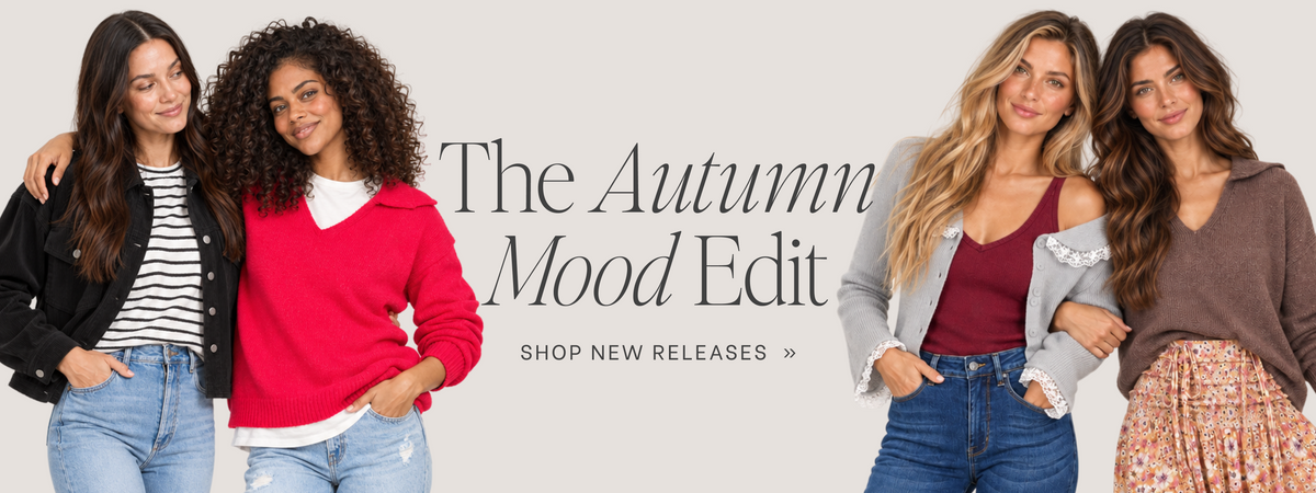 Four women modeling different outfits against a light beige background with the text 'The Autumn Mood Edit' and 'SHOP NEW RELEASES >>'.