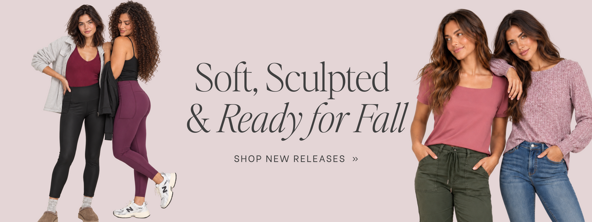 A promotional banner for women's apparel featuring three models wearing different outfits on a pale pink background with the text 'Soft, Sculpted & Ready for Fall' and 'SHOP NEW RELEASES >>'.