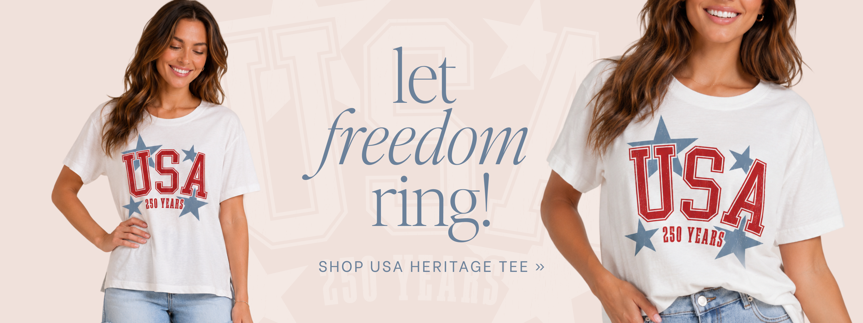Two women wearing white t-shirts with 'USA' and 'let freedom ring!' text on a beige background.