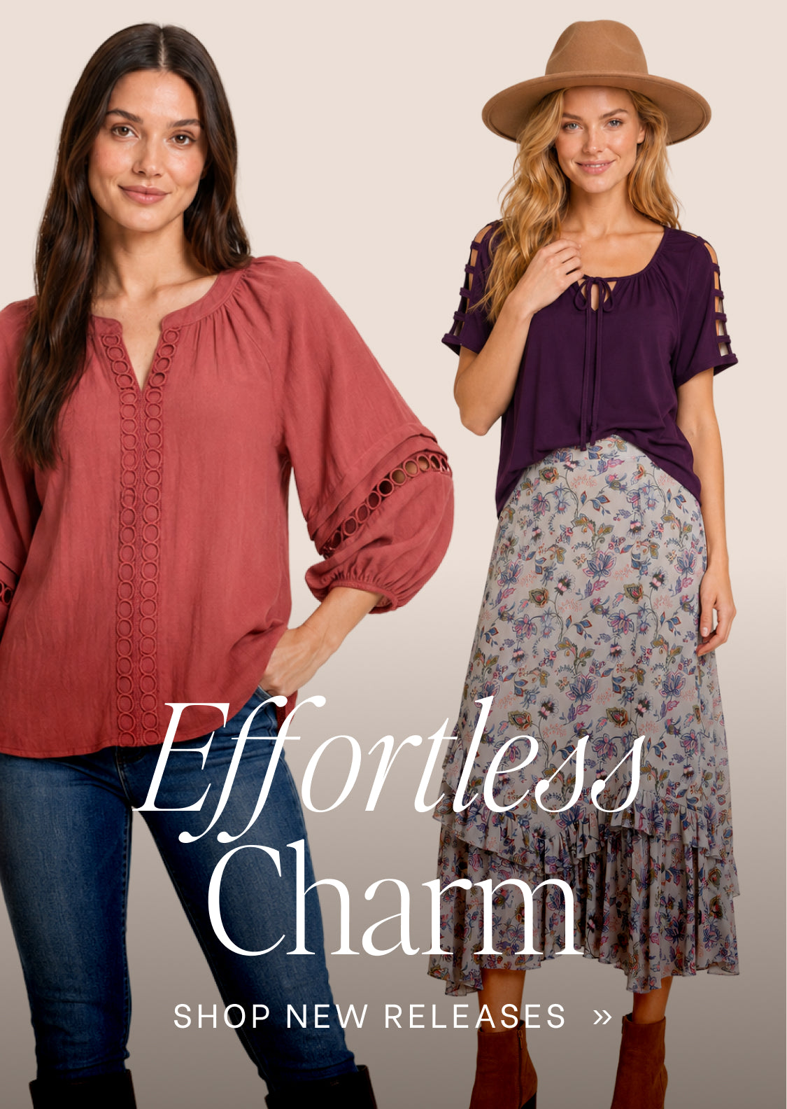 Two female models posing in matching bohemian-style tops from Effortless Charm, shown side-by-side against a solid beige background. The left model wears a dusty rose puff-sleeve top with lace-up detailing, paired with blue jeans.
