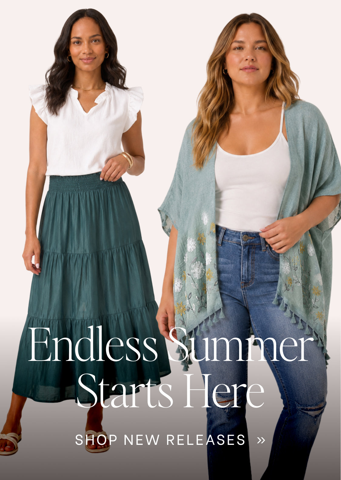 Two women modeling summer apparel against a light neutral background, with large overlaid text reading 'Endless Summer Starts Here' and 'SHOP NEW RELEASES >>'. The left model wears a white ruffle-sleeve blouse and a teal tiered maxi skirt.