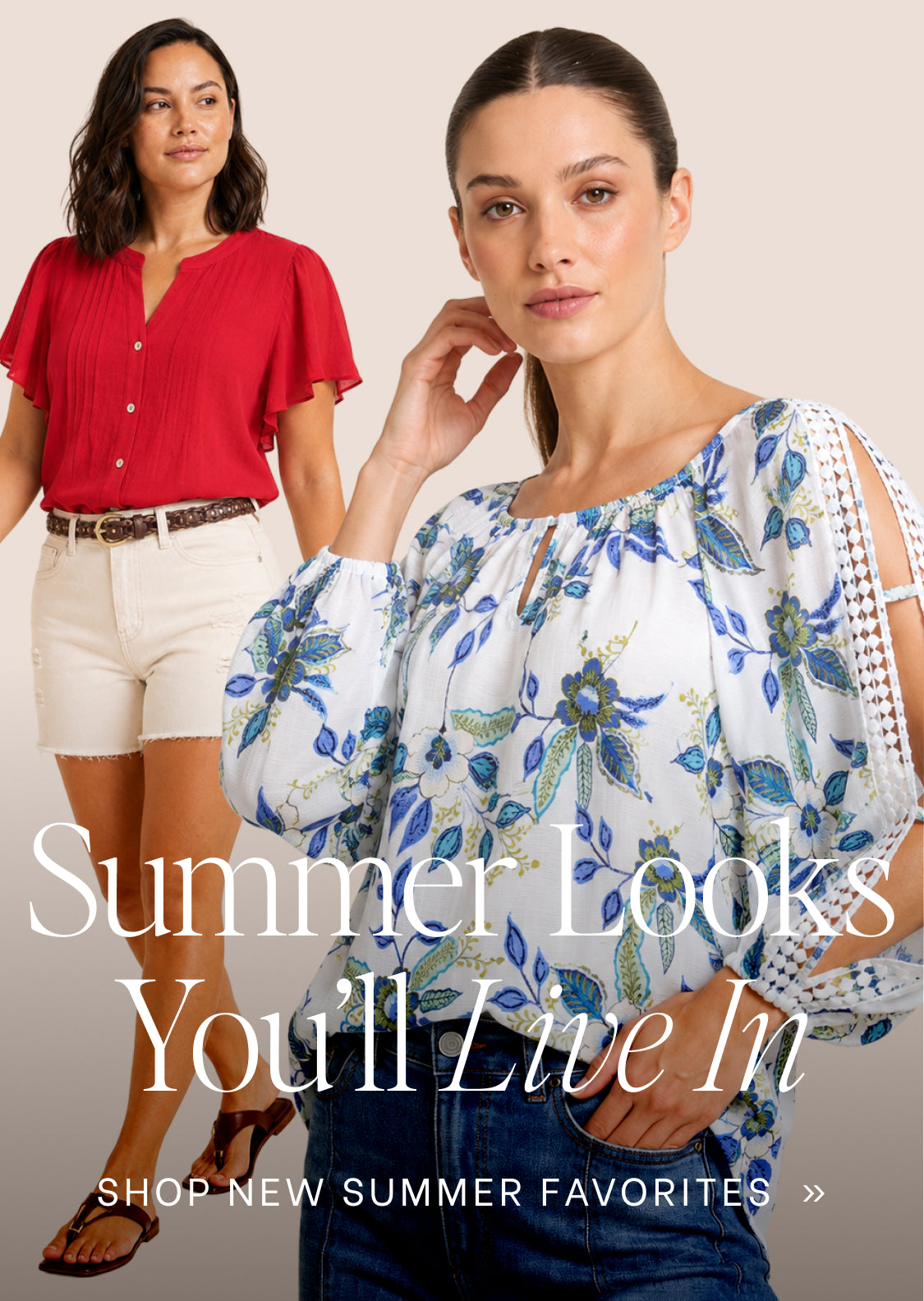two women in floral and red tops with summer promotional text overlay