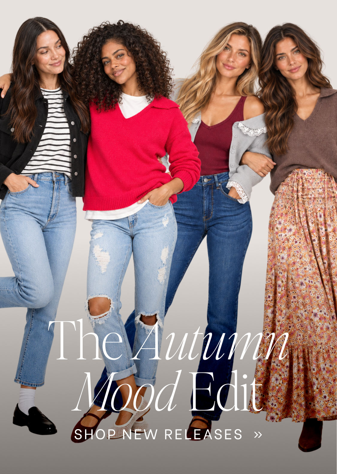 Four women modeling different autumn outfits against a light gray studio background, with large overlaid text reading 'The Autumn Mood Edit' and 'SHOP NEW RELEASES >>'. Because people are present, this is classified as Lifestyle rather than Product/Packaging.