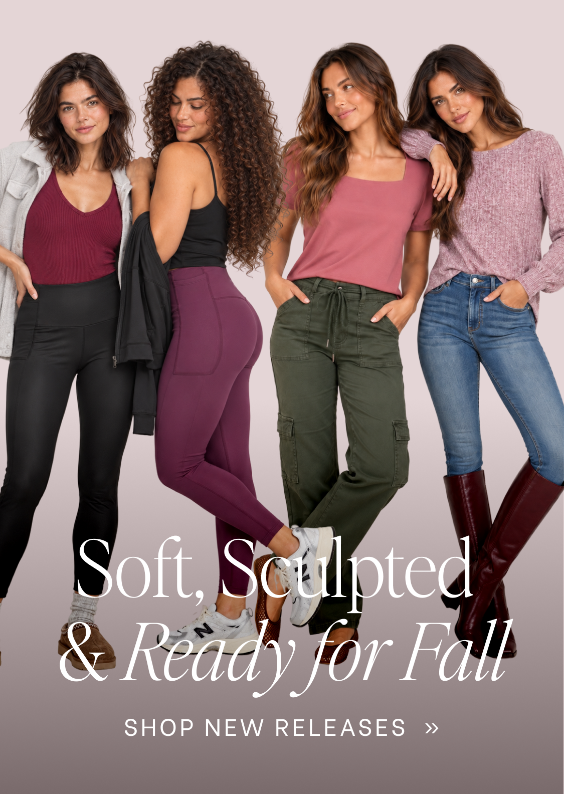 Four women modeling different outfits against a soft pink background with the text 'Soft, Sculpted & Ready for Fall' and 'SHOP NEW RELEASES >>'.