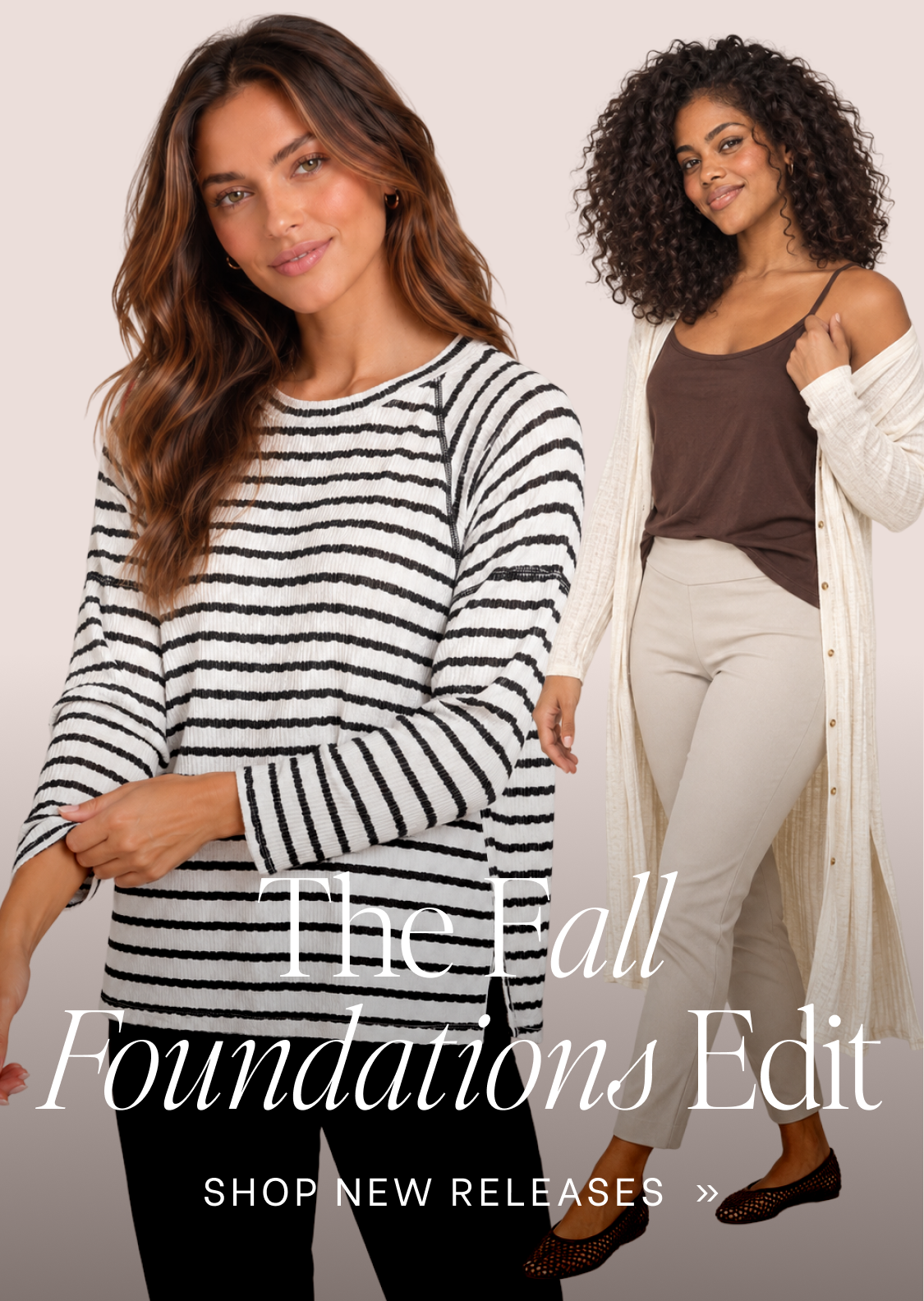 Two women modeling coordinated fall outfits against a light beige studio background. The left model wears a black-and-white striped long-sleeve top with black bottoms.