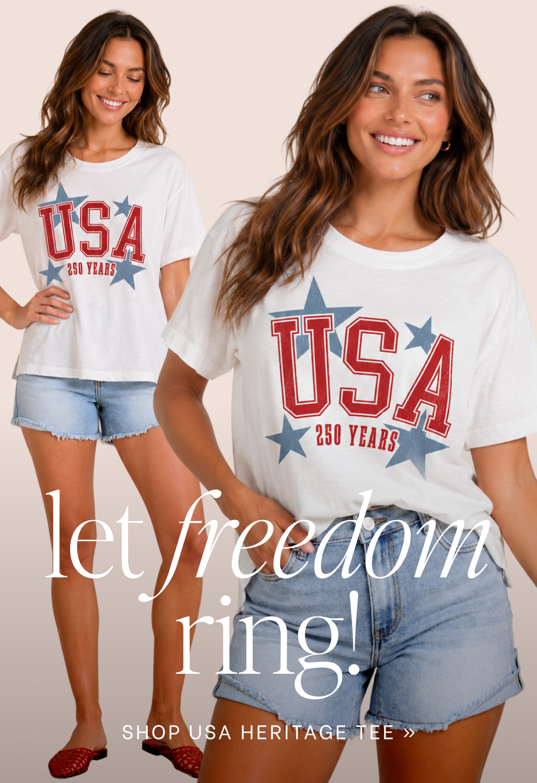 Two women wearing 'USA 250 Years' t-shirts with denim shorts on a beige background.