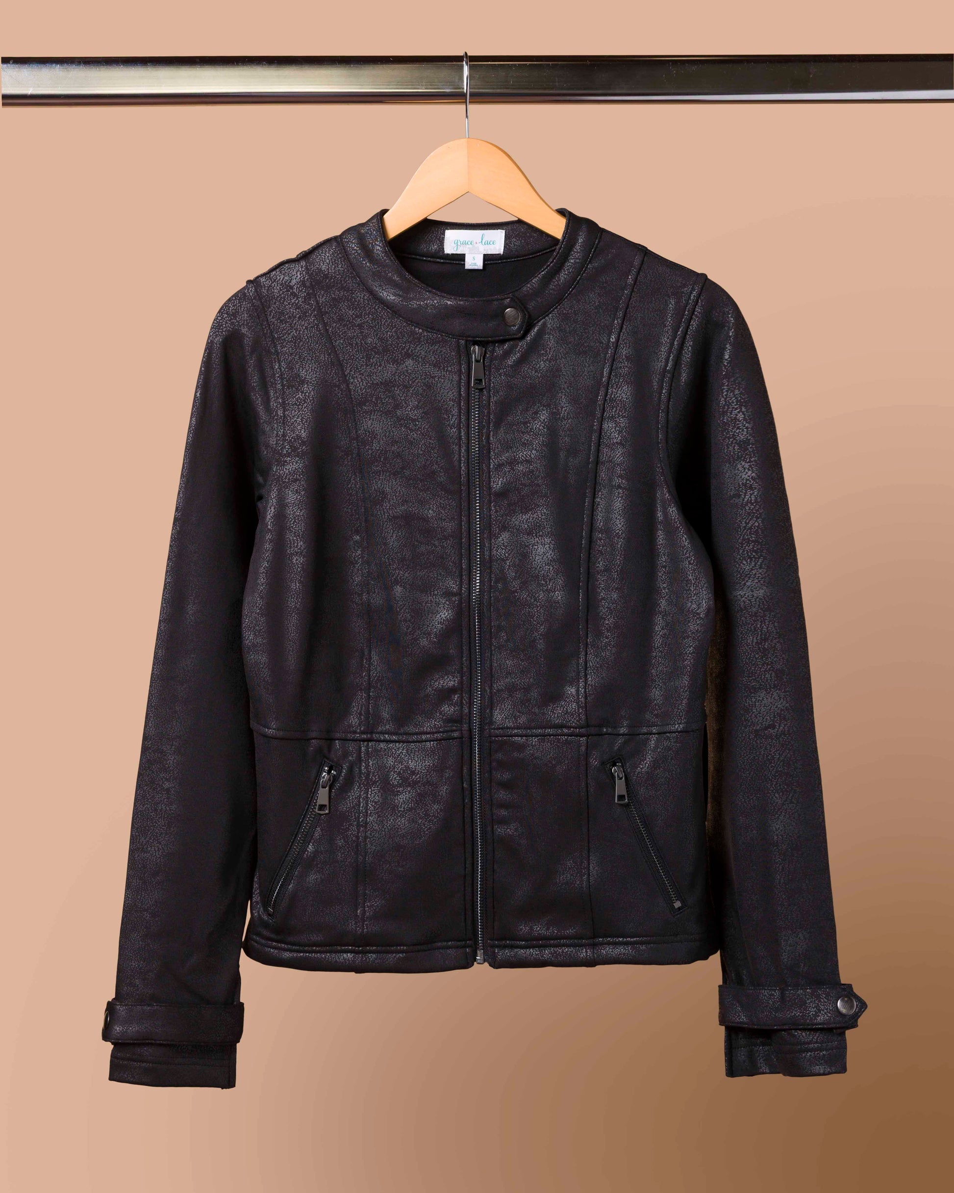 Leather Like Cafe Racer Jacket in Black