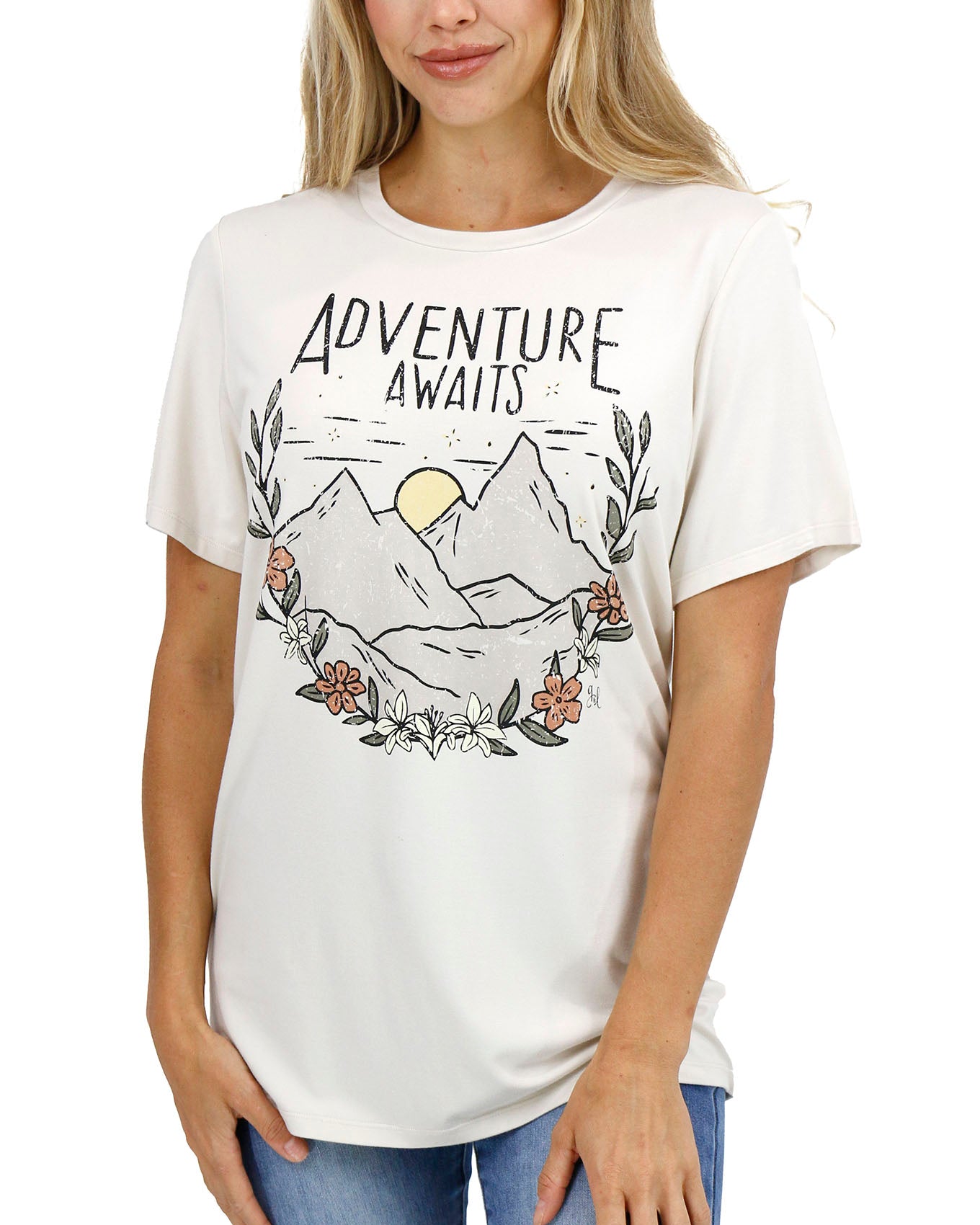 front view stock shot of adventure awaits graphic tee